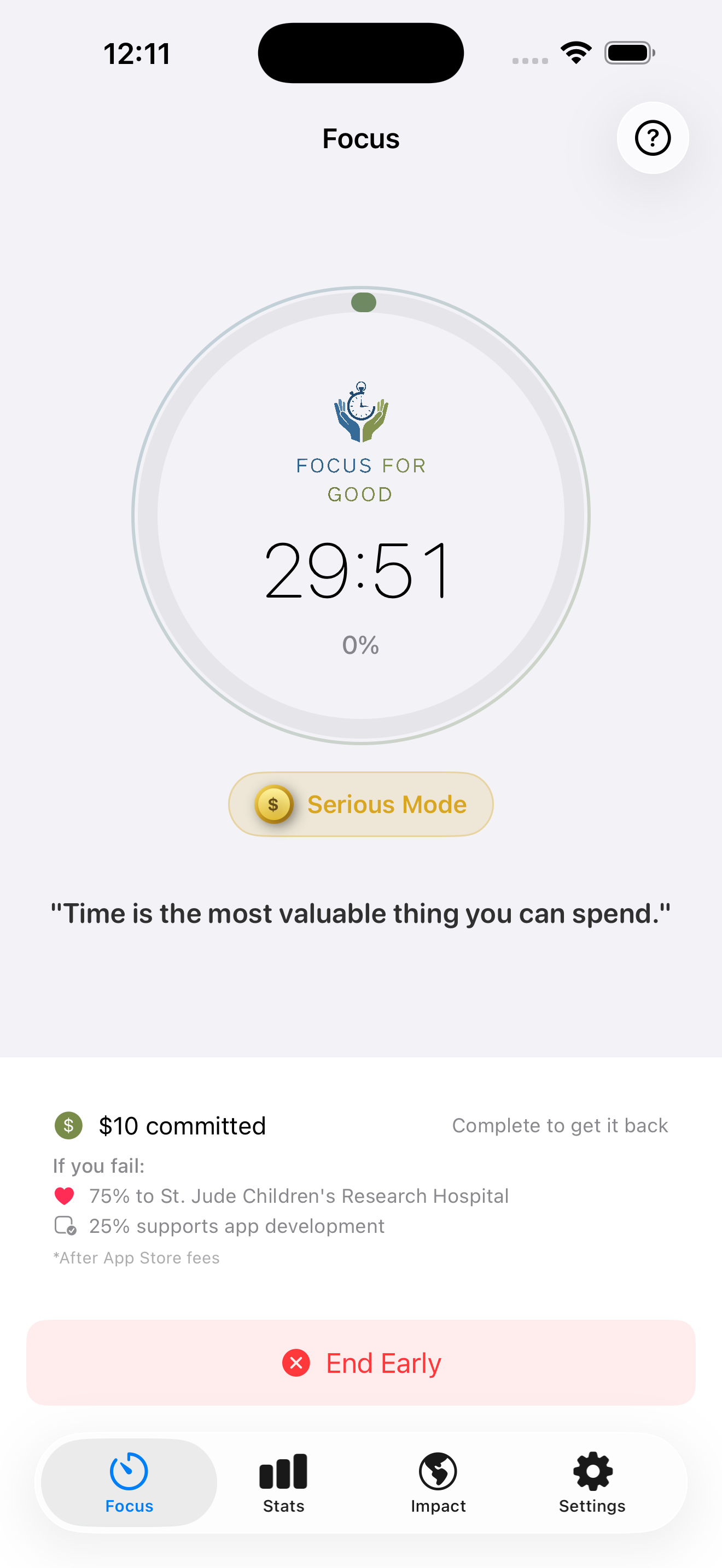 Focus For Good app screenshot showing focus session in progress